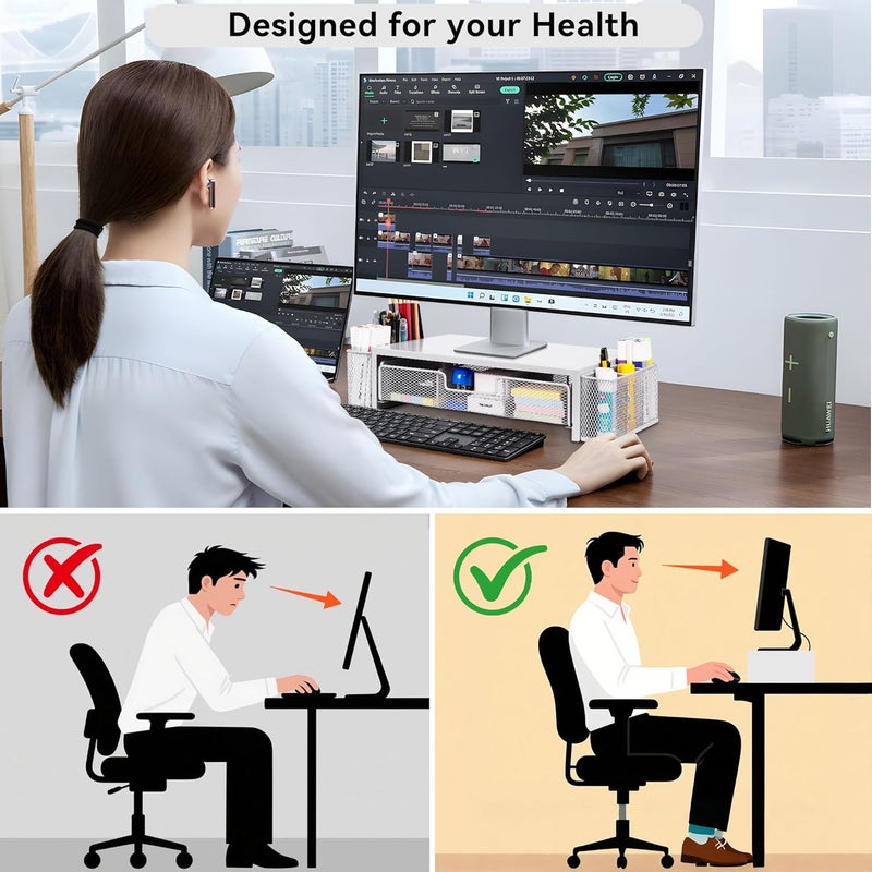 Qupui Computer Monitor Stand Riser with Drawer and Pen Holders, Desk Organizer Shelf and Accessories, Office Desk Accessories, Office Organization, White - Image 4